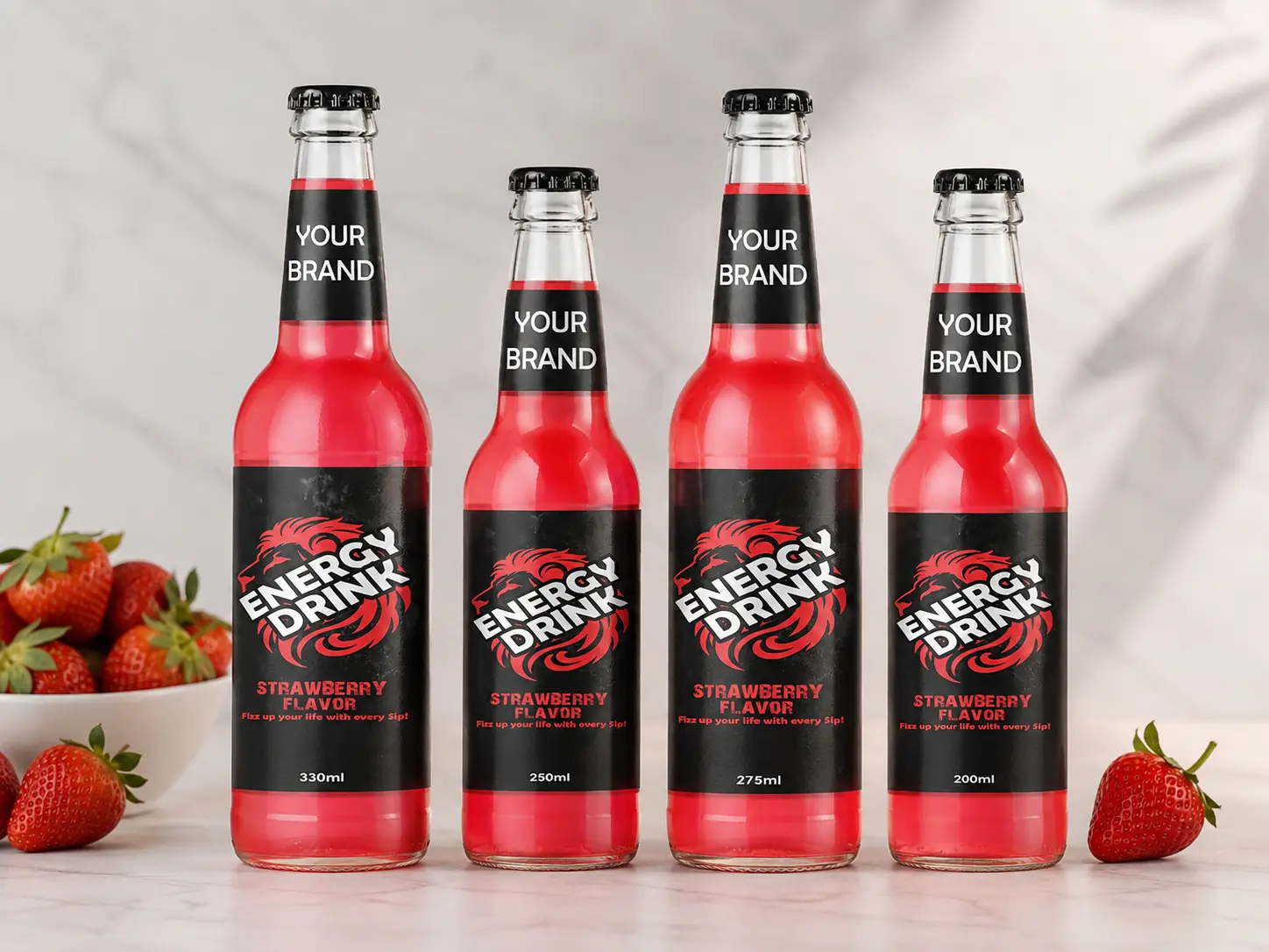 ENERGY DRINK Strawberry Flavor 330ml, 250ml, 275ml and 200ml glass bottles
